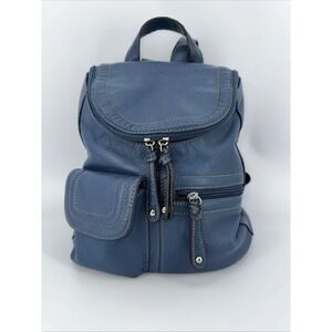 Tignanello Backpack Women Blue Pebbled Genuine Leather Mini Bag Small Zip Pocket